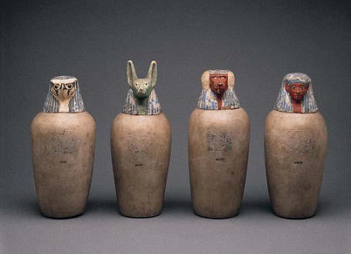 Canopic Jars, found Deir El Bahri, Upper Egypt.  21st dynasty.