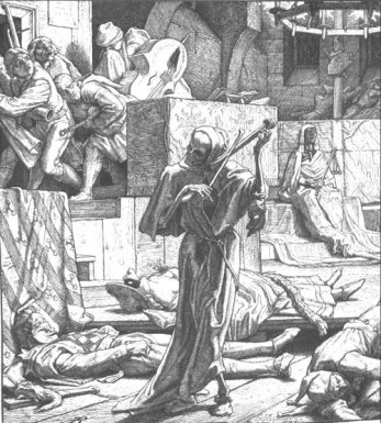 Alfred Rethel, engraver. 1851. "Death as a Cutthroat" based on cholera outbreak in Paris during festival.