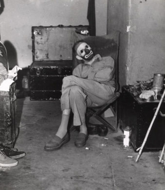 Clown, backstage. Photographer unknown. Date unknown.